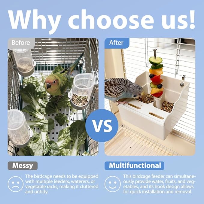 No Mess Bird Feeder for Cage with Vegetable and Fruit Holder, Automatic Parrot Feeder Cage Accessories, Food Bowls for Small Parrots Canary Parakeet Budgies Conure Cockatiel Lovebird