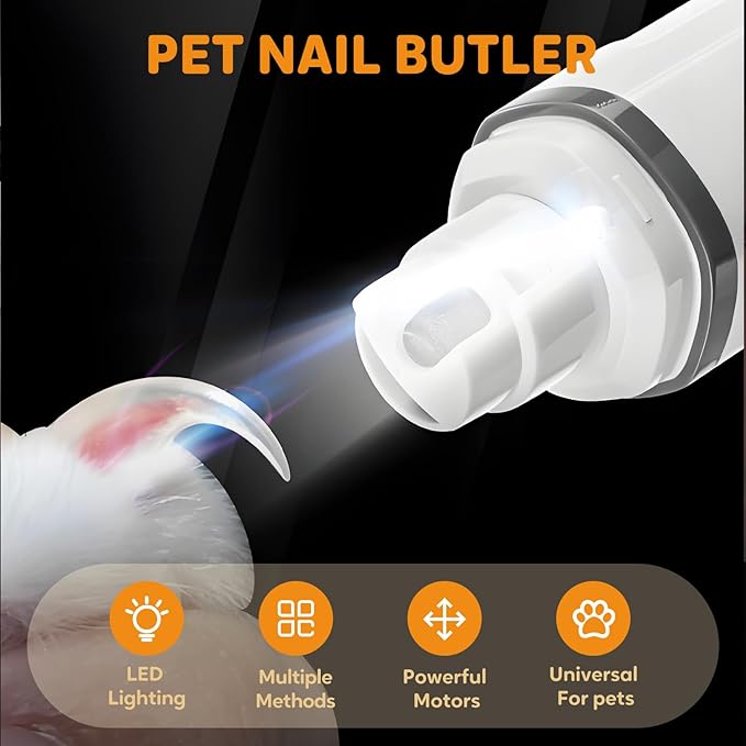 Pet Nail Grinder Cordless, 2025 Upgraded Rechargeable Dog Nail Trimmer with LED Light 3 Speeds, Dogs and Cats Pet Paws Grooming Tool with Replacement Grinding Heads
