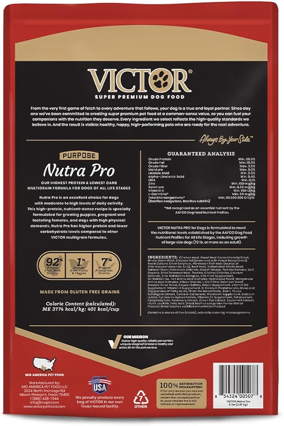 VICTOR Super Premium Dog Food – Purpose Nutra Pro – Gluten-Free, High Protein Low Carb Dry Kibble for Active Dogs of All Ages – Ideal for Sporting, Pregnant or Nursing Dogs & Puppies, 5lbs