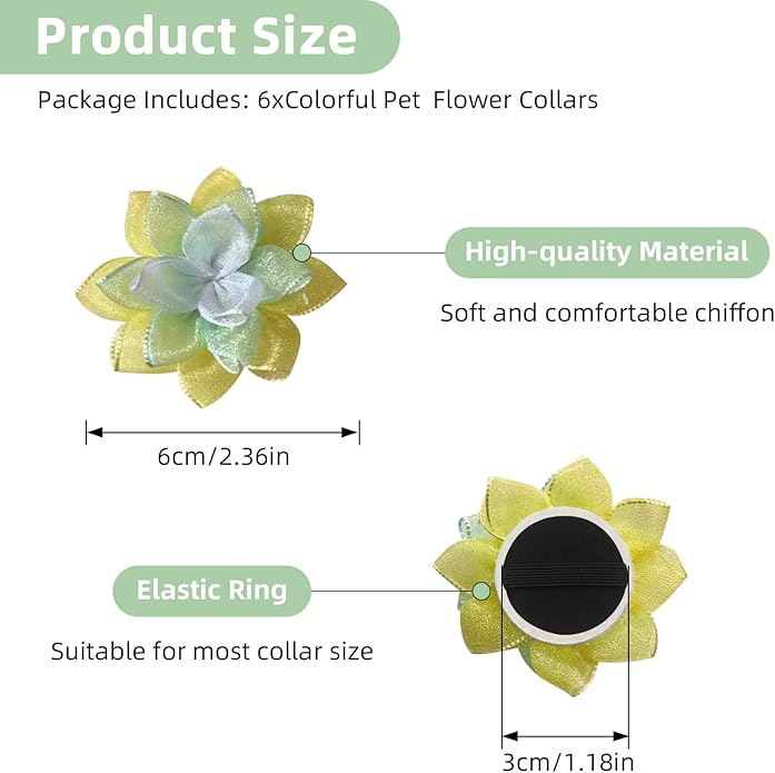 Dog Collar Flowers Accessories, 6 Pack Flower Charms for Dog & Cat Collars, Elastic Slide-On Decorative Flowers for Pet Collars