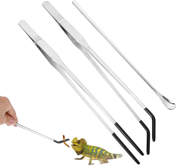 3 Pcs Reptile Feeding Tweezers, Long Aquarium Tweezers Stainless Steel Feeding Tongs with Rubber Tipped Aquariums Tools Feeder for Fish Lizard Gecko Snake Spider Bearded Dragon Lovers