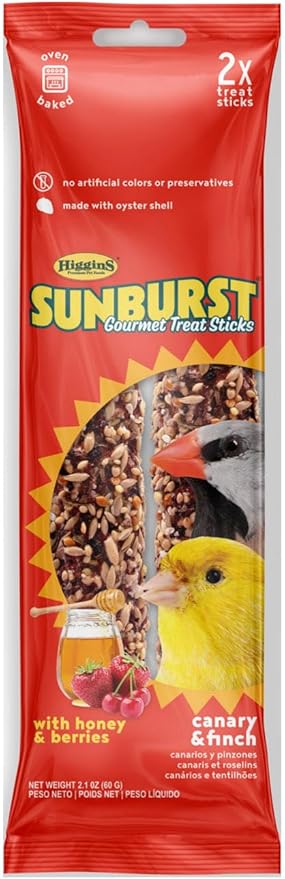Higgins Sunburst Gourmet Canary, Finch Treat Sticks Bundle | Sunburst Gourmet Canary, Finch Orchard Fruit/Dandelion Sticks 2pk & Honey/Berries Sticks 2pk.