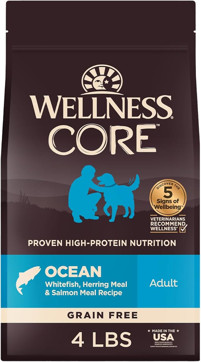 Wellness CORE Adult Dry Dog Food, Grain Free Kibble, Natural, High Protein, Chicken Free, Whitefish, Herring and Salmon Recipe, 4 lb Bag