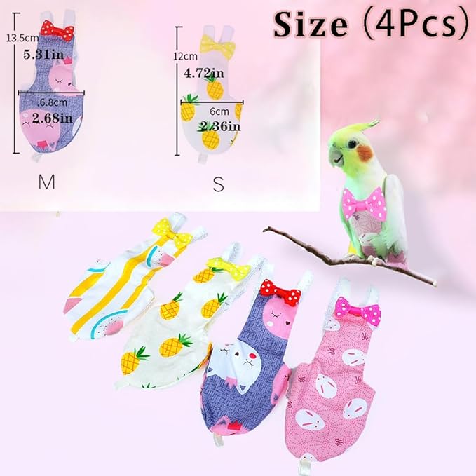 Bird Clothes, 4-Pack Reusable Bird Diapers with Adjustable Strap for Small and Medium Parrots, Cockatiels, Lovebirds, Parakeets (S)