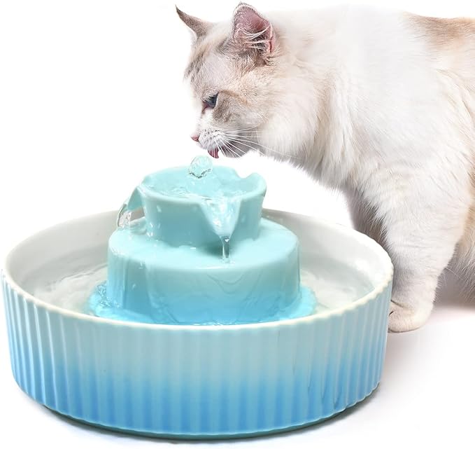 360 Ceramic Pet Fountain, Advanced Porcelain Cat Water Fountain, 70 oz.Drinking Fountains Bowl for Cat and Dogs with Replacement Filters and Foam (Green Blue)