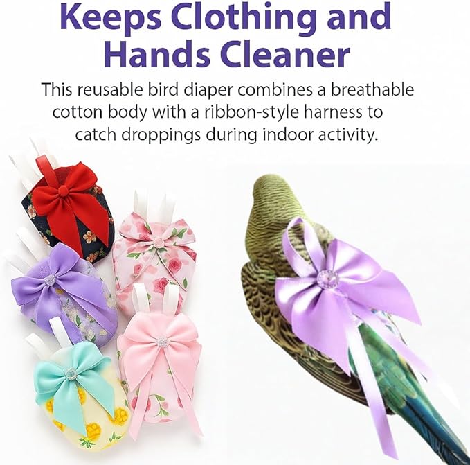 6pcs Bow Bird Diaper Set, Soft Reusable Flight Suit Clothing for Parrots Budgies Cockatiels — Cleaner Indoor Bonding & Training(M)
