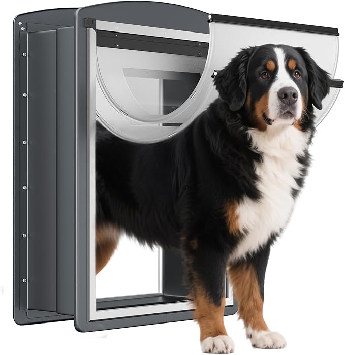 FreeStanding Dog Door for Wall, Extra Large Dog Door with Steel Frame and Telescoping Tunnel, Double Magnetic Flaps and Two Sliding Lock Panels, Easy to Install, Up to 220LBS, Gray
