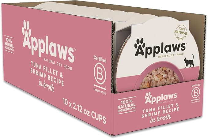 Applaws Natural Wet Cat Food in Broth, Limited and Natural Ingredients, High Protein with No Artificial Additives, Tuna Fillet & Shrimp in Broth (10 x 2.12 oz Easy-Open Cups)