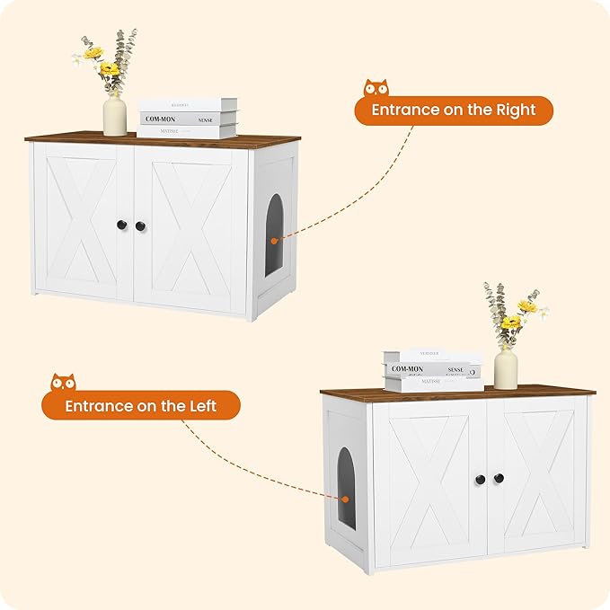 Dwanton Litter Box Enclosure, Cat Litter Box Furniture Hidden, Reversible Entrance Can Be on Left or Right Side, Wooden Cat Washroom Indoor, White and Warm Brown, 27.6 Inches