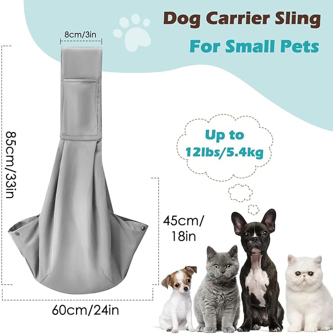 Pawaboo Small Dog Sling Carrier, Reversible Hands Free Dog Sling Carriers for Small Dogs and Cats, Puppy Slings Carrier with Safety Harness, Puppy Essentials, Light Gray
