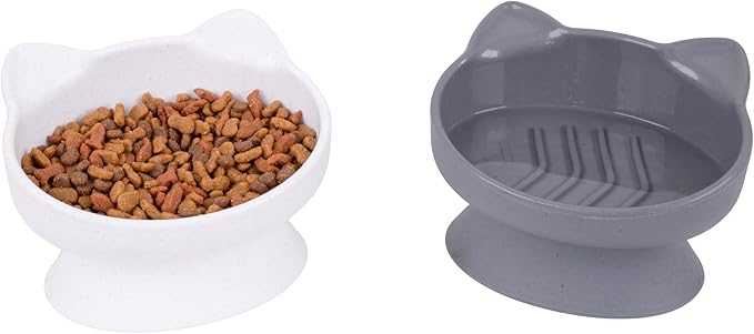Kitty City Elevated Slow Feeder Cat Bowls (Set of 2), Whisker-Friendly Raised Cat Food Dishes with Ridges, Helps Reduce Fast Eating & Digestion Issues, Dishwasher Safe, 6.5 oz – White & Gray