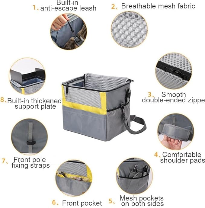 Front Bike Basket for Dogs, Pet Bike Carrier, Small Dog Bicycle Seat with Safety Leash & Pockets, 15"x11"x12", Up to 16.5 Lb