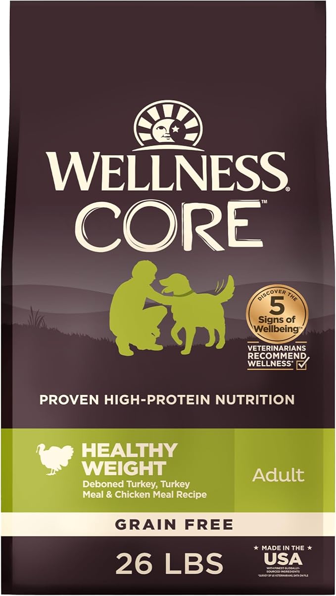 Wellness CORE Healthy Weight Adult Dry Dog Food, Grain Free Kibble, Natural, High Protein, Turkey and Chicken Recipe, 26 lb Bag