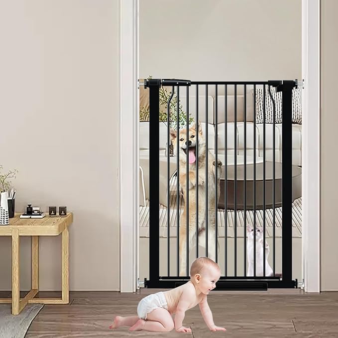 40.55" Walk Through Extra Tall Wide Baby Gates, 74.1"-76.7" Black Pressure Mounted Dog Gates