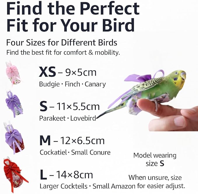 6pcs Bow Bird Diaper Set, Soft Reusable Flight Suit Clothing for Parrots Budgies Cockatiels — Cleaner Indoor Bonding & Training(L)
