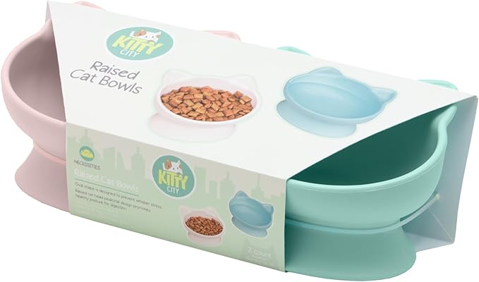 Kitty City Elevated Cat Bowls (Set of 2), Whisker-Friendly Raised Cat Food & Water Dishes, Modern Pedestal Design, Dishwasher Safe, 6.5 oz Each – Pink & Teal