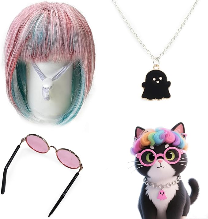 Idepet Cat Wig, Pet Wig for Dogs & Cats Adjustable Fit, Mixed Blue & Pink Wigs for Cat Halloween Cosplay Party