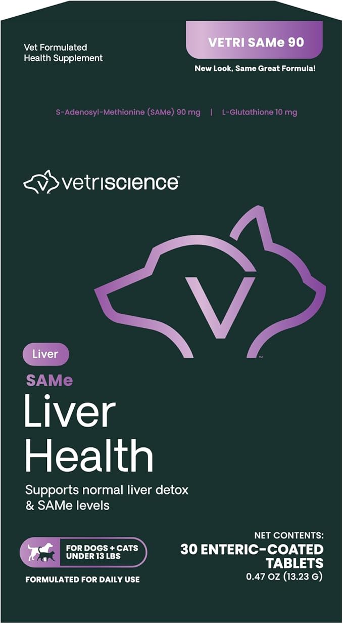 VetriScience Same Liver Health Tablets, 90 mg S-Adenosyl-Methionine Liver Health and Detox Supplement for Cats and Small Breed Dogs Under 13 Pounds, Glutathione Antioxidant Liver Support, 30 Count
