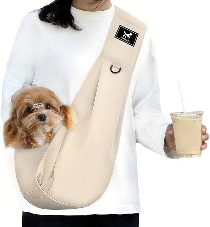 Dog Sling Carrier for Small Dogs Cats up to 15 lbs - Hands Free Puppy Carrier Bag (Plus Size L) - Ergonomic Padded Shoulder Strap & Safety Hook Based on Owner's Bust Length, Apricot