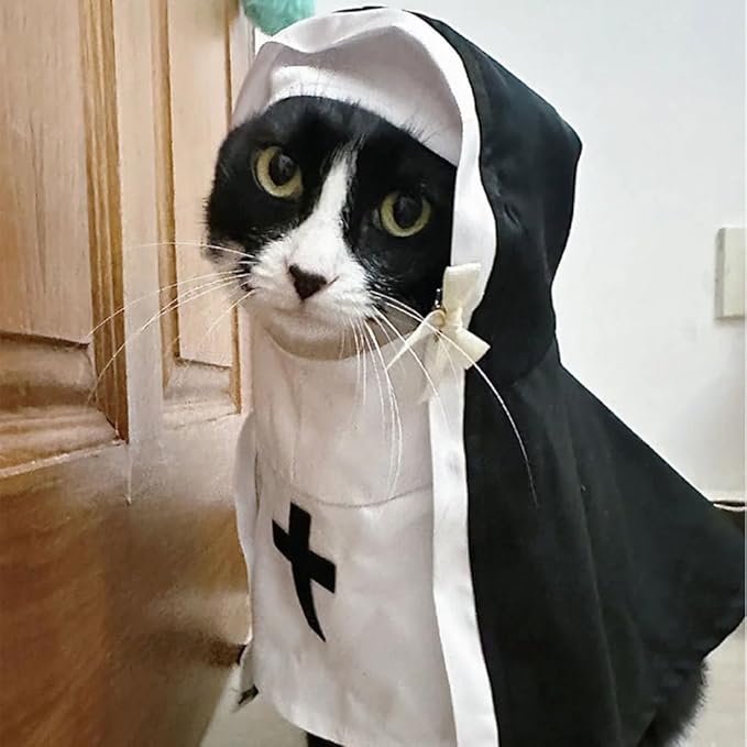 Cat Costume Nun Dress, Nun Dog Costume, Funny Halloween Cloak Outfit for Cat Small Medium Dogs, Cosplay Apparel for Photoshoots Parties Social Media, Adorable Pet Clothing (Black, Large)
