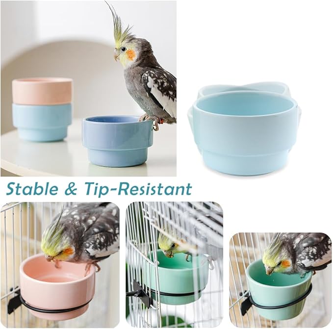 2 Pack Detachable Hanging Ceramic Bird Bowl Food Cup Convenient Hanging Water Feeder for Cage Small Canary Finch Parakeet Budgie Cockatiel Lovebird (Blue and Green)