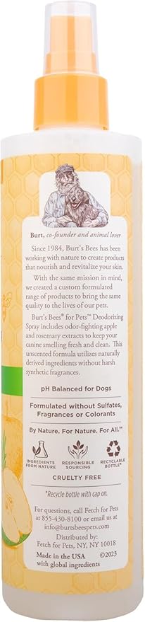BURT'S BEES FOR PETS Deodorizing Spray for Dogs with Apple and Rosemary, 99.7% Natural Origin Formulas, Waterless Canine Cleanser - Gentle Dry Shampoo for Pups, 2pk, 10 oz