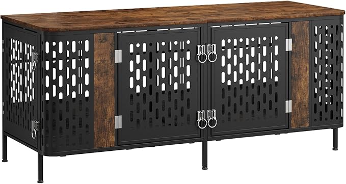 ONBRILL 63” Dog Crate Furniture for 1 or 2 Dogs,Large Double Dog Cage with Removable Divider,Heavy Duty Wooden Dog Crate As TV Stand with Steel Frame,Brown