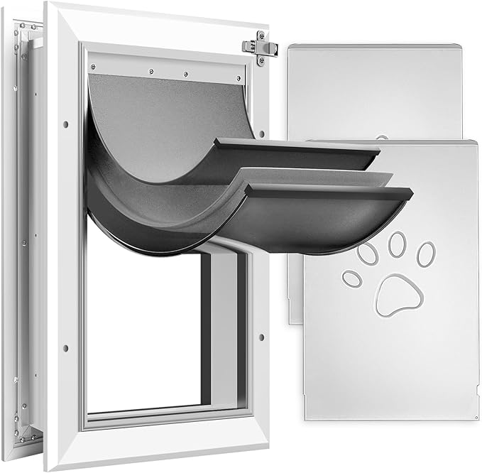 [Petoasis] 3-Flaps Heavy-Duty Dog Door, Rust Proof Aluminum Alloy Frame, Extreme Weather Dog Door Can Block Wind, Snow, and Rainwater Intrusion (Silvery White, XL for Door)