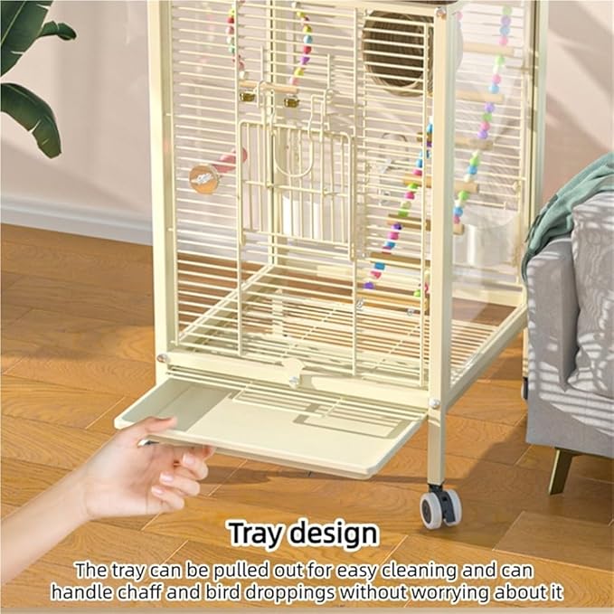 Medium Bird Cage with Rolling Wheels, Modern Clear Decorative Birdcage for Lovebirds, Hill Mynas, Budgerigars, Sun Conures, Munias, White-Eyes(Beige)