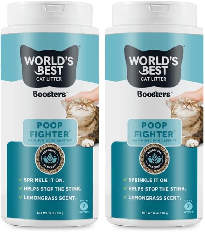 WORLD'S BEST CAT LITTER® Boosters™ Poop Fighter® | Natural and Sustainable Cat Litter Additive | Eliminates Poop, Urine, and Ammonia Odors | Botanical Blocker™ Technology | 18 oz Canister (Pack of 2)