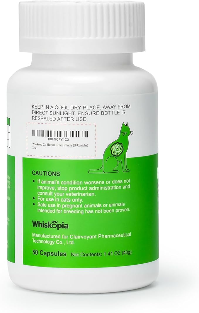 Hairball Relief for Cats, Cat Hairball Remedy, Cat Hairball Control with Psyllium Seed Husk and Vitamins, Helps Eliminate & Prevent Hairballs, Supports Healthy Digestion & Coat, 50 Capsules