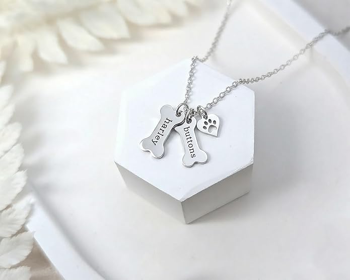 Custom Dog Bone Memorial Necklace With 925 Sterling Silver Paw Print Charm - Memorial Necklace With Personalized Names For Dog Lovers - Pet Jewelry Puppy Animal Pendant