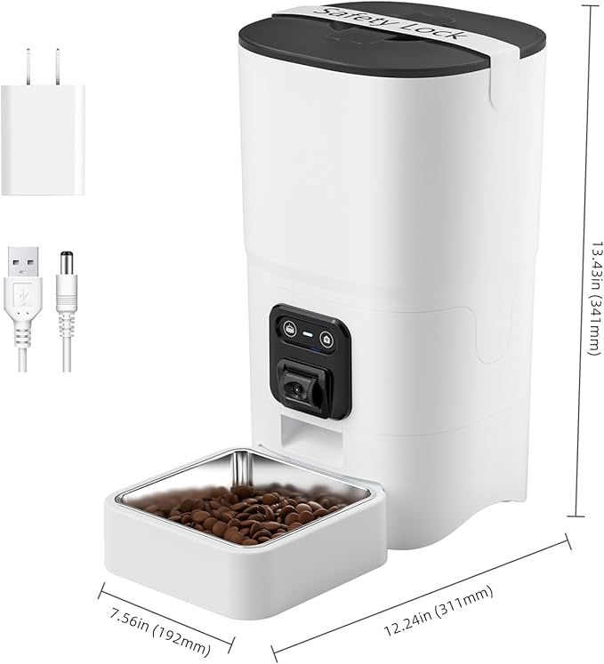 PAPIFEED Automatic Cat Feeder 6L 2.4G WiFi Smart Pet Feeder with Camera & Two-Way Audio, Adjustable Angle, Easy to Clean Detachable Feeding Schedule 1-10 Meals Per Day for Cats & Small Dogs - White