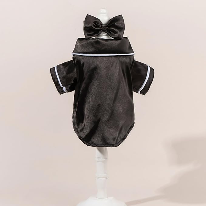 Cat Puppy Costume Elegant Satin Pajamas with Bow Headband 2PCs Set Pet Sleepwear Cute Pet Outfit Cosplay Partywear Photoshoots (Black Set,Large)
