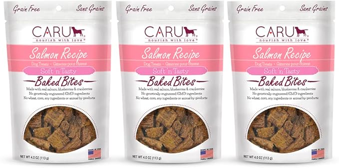 Caru - Soft n’ Tasty Baked Bites - Salmon Bites Dog Treats - Flavorful Training Treats - 4 oz Bags - Pack of 3