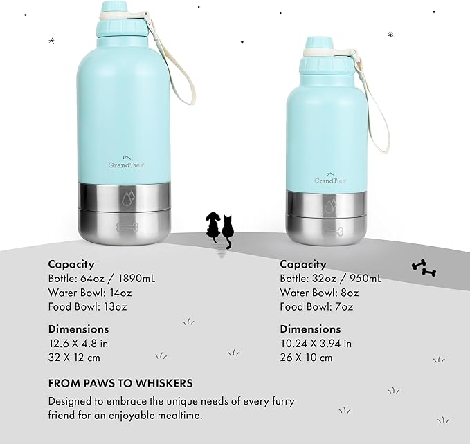 GrandTies Insulated Portable Dog Water Bottle with 2 Detachable Water Bowl Dispenser | Leak-Proof Dog Food Travel Container | Accessories for Dogs Walking, Hiking, Camping (64oz, Powder Green)