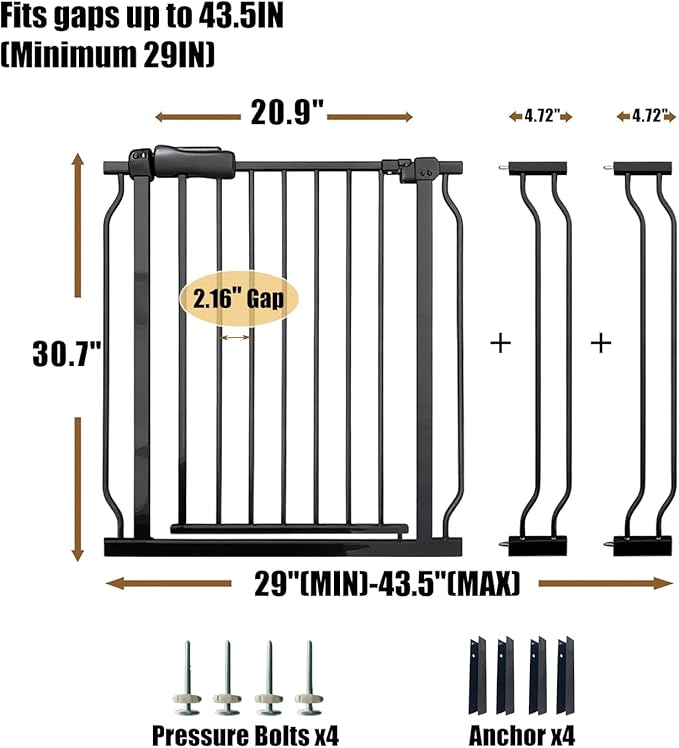 Walk Through Baby Gate 29-43.5 Inch Wide Large Baby Gate for Stairs Tension Pet Dog Gates Indoor for Doorways No Drilling Pressure Mounted Pet Gates for Kids