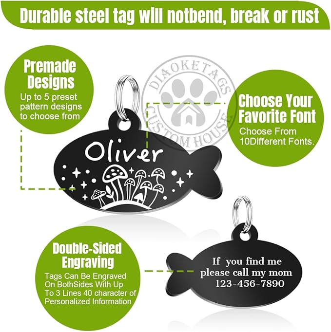 Stainless Steel Cat ID Tag Personalized Pet Tags with up to 4 Lines of Custom Text, Small Pet Mini Dog Cat Tag Lightweight, Engraved on Both Sides, Multiple Patterns Colors Size Options (Mushroom)