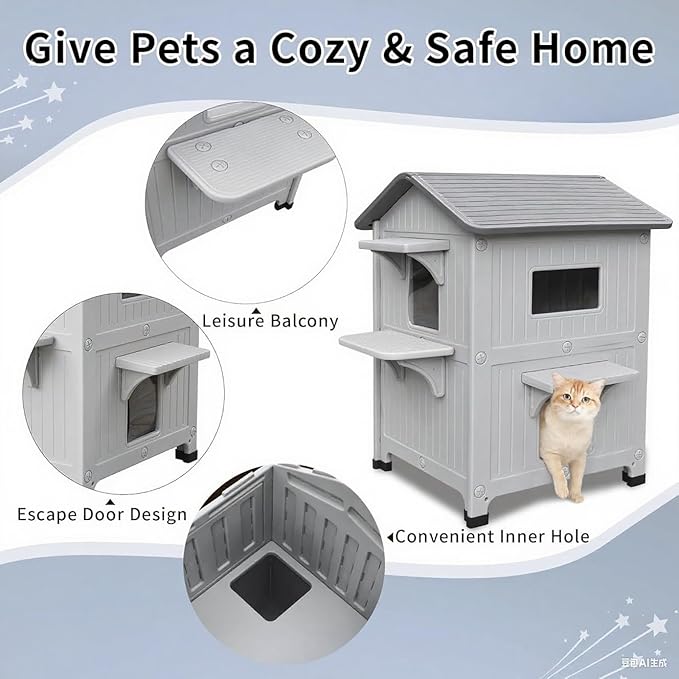 Weatherproof Heated Outdoor Cat House for Feral Cat, 2 Storey Elevated Plastic Insulated Cat Shelter with Escape Door, Expansive Interior‌ Grey 34" D x 21" W x 21.5" H