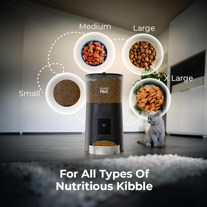 Penthouse Paws Smart HD Automatic Pet Feeder, 6L Dry Food Capacity, 1080p Camera, 2-Way Audio, Scheduled Meals, Backup Power, Easy to Clean, Anti-Jam Design for Cat & Dog, Black/Stainless Steel