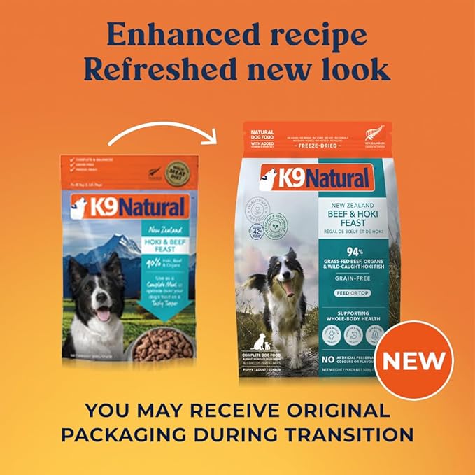 K9 Natural Beef & Hoki Freeze Dried Dog Food, High-Meat Natural Complete Meal or Meal Toppers for Dogs, Grass-Fed Beef & Hoki from New Zealand, Grain-Free, GMO-Free, Complete & Balanced, 17.6oz