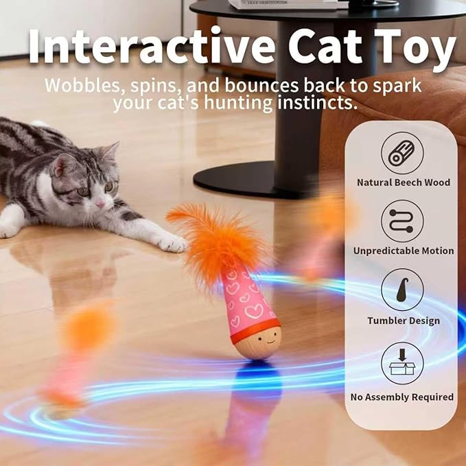 Lulu's world Cat Feather Toy, Catnip-Free Wooden Tumbler for Kittens & Indoor Cats, Interactive Wobble Starter Toy (Niuniu)