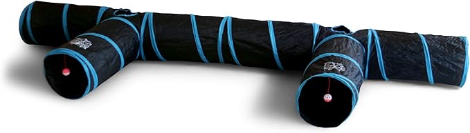 Feline Ruff Premium 3 Way Cat Tunnel. Extra Large 12 Inch Diameter and Extra Long. A Big Collapsible Play Toy. Wide Pet Tunnel Tube for Other Pets Too! (3 Way Two Pack + Teaser Wand!)