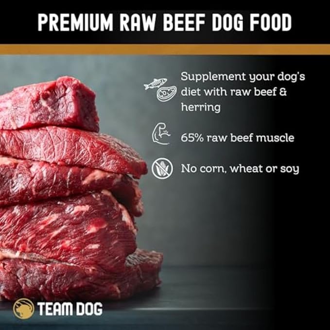 Team Dog Raw Frozen Dog Food | 65% Beef Muscle, Organ Meats, Herring & Green Tripe for Dogs | All Natural Grain Free Dog Food for Optimal Health, Digestion & Coat | 24 x 1lb Rolls