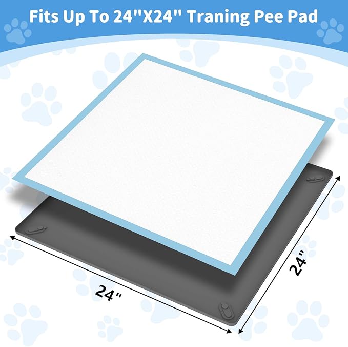 ALOOF Silicone Dog Pee Pad Holder 24x24 in, Puppy Potty Training Tray with Magnetic Snaps & Raised Edges, Non-Slip Floor Protector, Gray