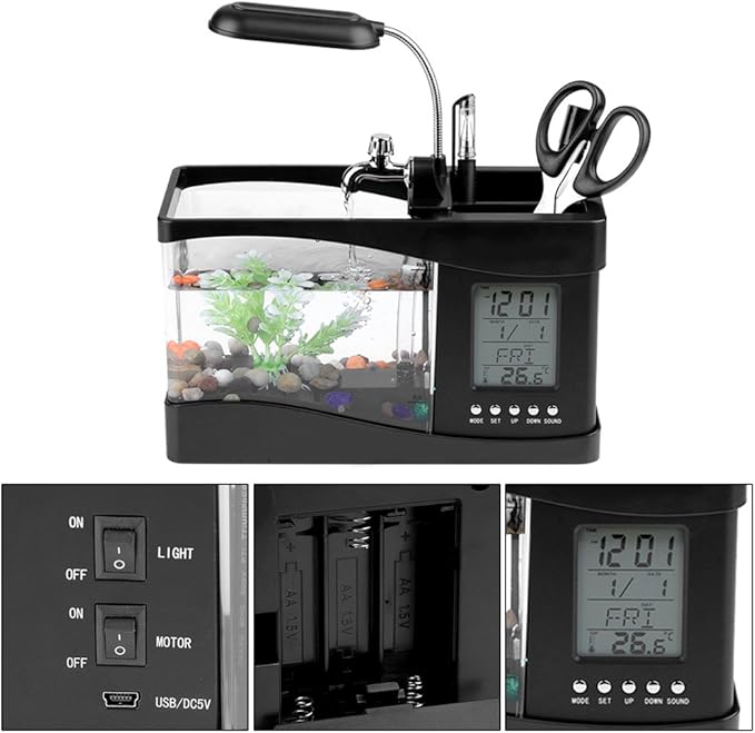 Multifunctional Mini Fish Tank, Desktop Aquarium with USB Rechargeable LED Lights, Clock Function, Black Plastic Fish Tank