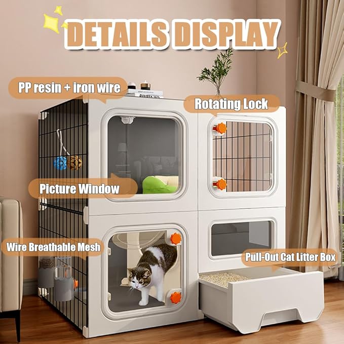Cat Cage Cat Enclosure with Litter Box, Cat Playpen Detachable Metal, Cat Cage Indoor and Outdoor, Ferret Cage, Rabbit Cage