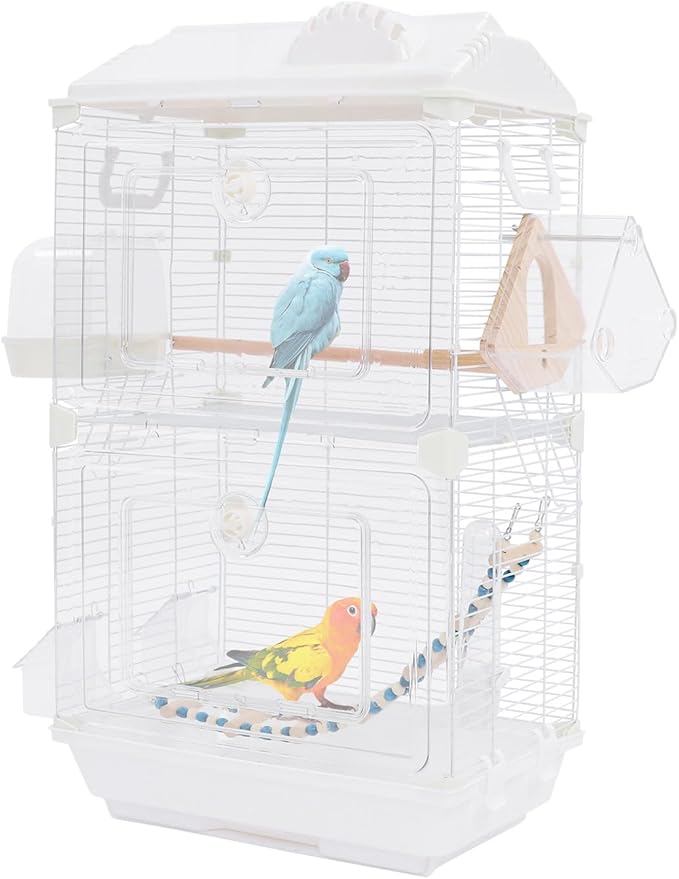 Two-Tier Bird Cage White Medium Flight Cage for Small Birds Parakeets Canaries Finches, Acrylic Front Panel with Ladder Food Cups Bath Box, 15.7x11x28 Inches Free Standing Aviary(B)