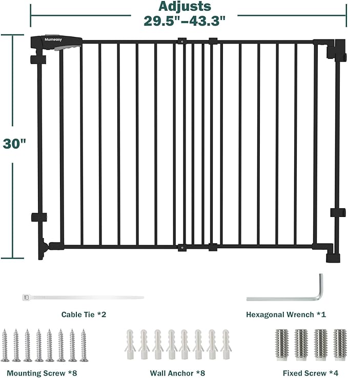 Mumeasy 29.5-43.3" Baby Gate for Stairs, No Bottom Bar Dog Gate with Removable Door & Slide-Adjust Drill Mount, Extra Wide Stairway & Hallway Walk Thru Pet Safety Gate for Doorways, Kitchen (Black)