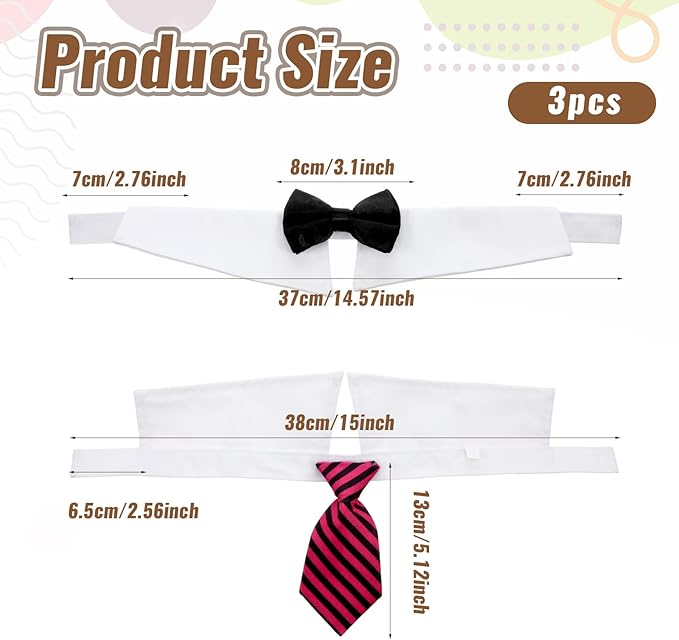 3 Pcs Dog Cat Tuxedo Collar with Adjustable Collars, Pet Bowtie Collar, Bow Tie Tux Costume, Formal Tuxedo Suit for Dog Cat Pets, Perfect for Weddings, Birthdays (Neck 15”)